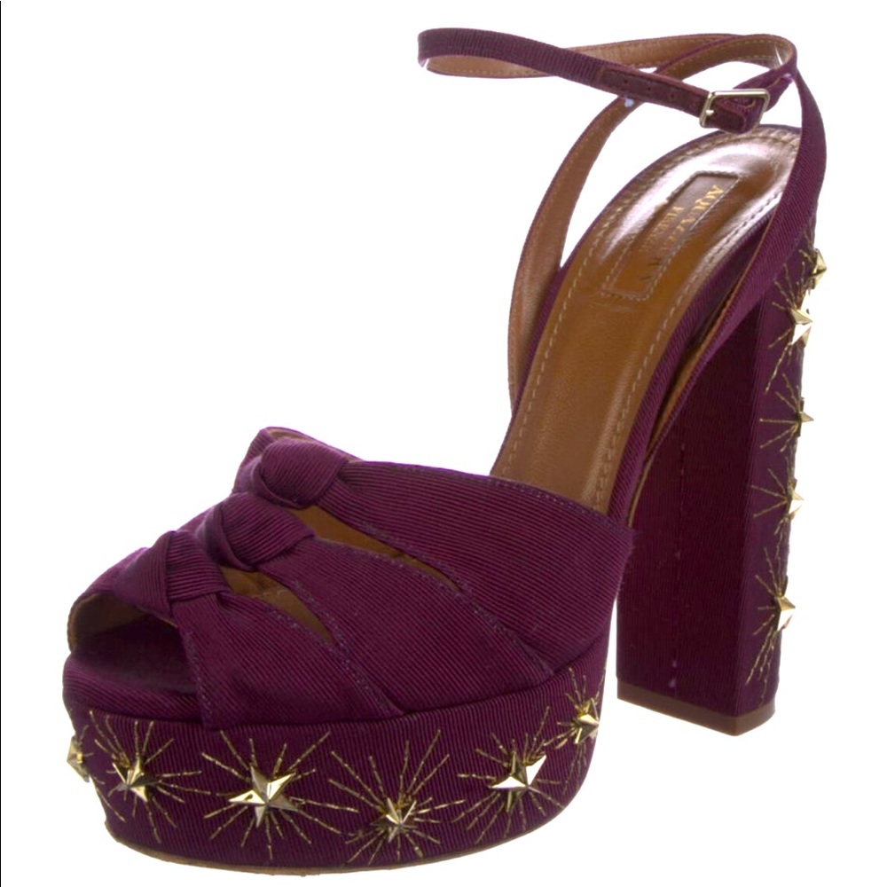 $895 AQUAZZURA Mira Embellished Twill Platform Sandal Plum 37.5 - Picture 5 of 12